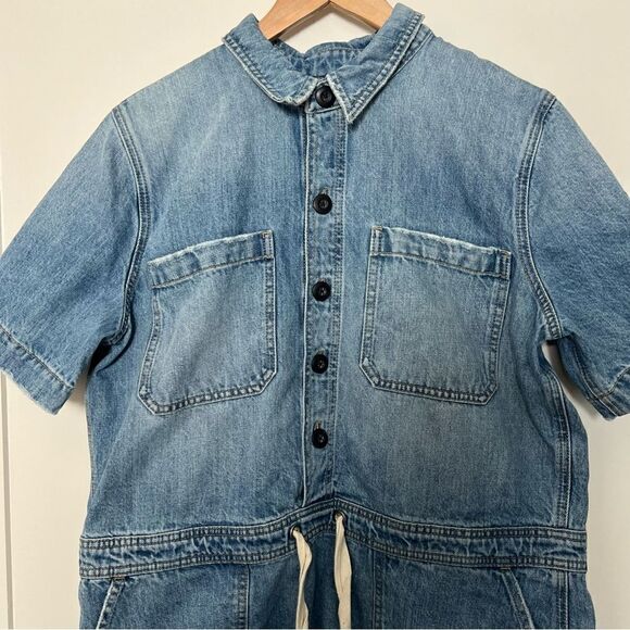 Lucky Brand Womens Jean Dress Large Drawstring Button Up Fray Hem Short Sleeve - Picture 2 of 13